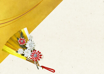お祝い素材　和紙背景に金の扇子と金の紐