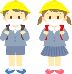 イラスト素材：マスク着用の男児と女児で仲良く記念撮影する姿　背景なし（透過背景）