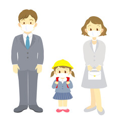 イラスト素材：4月入学式　マスク着用　3人家族　水色のスーツ　核家族（透過背景）