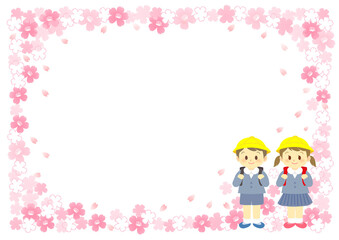 イラスト素材: 桜　新入学や卒業のランドセルを背負う小学生男児と女児　飾り枠　白（透過背景）