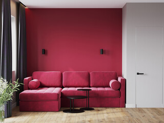 Livingroom in viva magenta 2023 color. Blank empty bright room interior. Design in minimalist luxury style lounge or hall. Crimson sofa and accent painted wall. Modern interior design. 3d render 