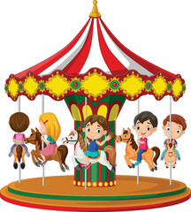 Cartoon little children on the carousel with horses