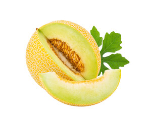 yellow cantaloupe melon with leaf  isolated on transparent png - obrazy, fototapety, plakaty