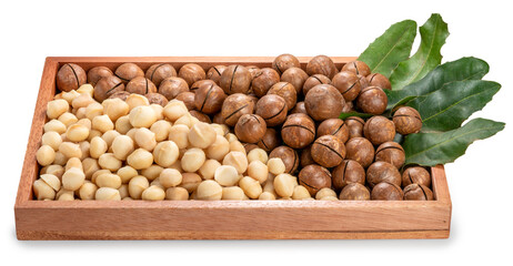 Roasted Macadamia nut in wooden plate on wooden background, Macadamia nuts on wooden background.