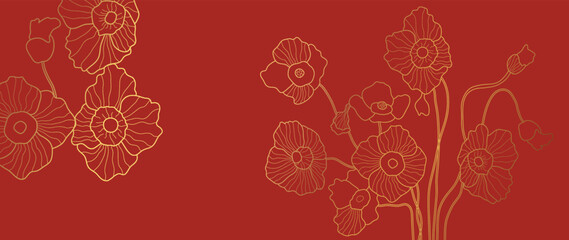 Happy Chinese new year luxury style pattern background vector. Botanical poppy flower gold line art texture on red background. Design illustration for wallpaper, card, poster, packaging, advertising.