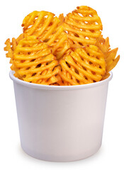 Fried Wafer Potato in paper bucket isolated on white background, Fried wafer potato on white With...
