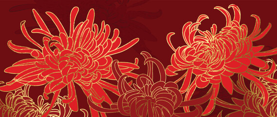 Happy Chinese new year luxury style pattern background vector. Oriental mums flower line art with gold and red color texture. Design illustration for wallpaper, card, poster, packaging, advertising.