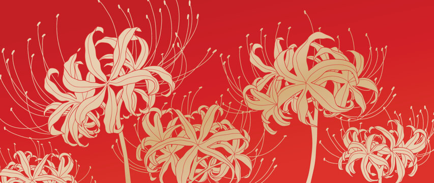 Happy Chinese new year luxury style pattern background vector. Oriental elegant golden spider lily flower on red background. Design illustration for wallpaper, card, poster, packaging, advertising.