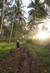 Fototapeta na wymiar A woman walking around plantation with the dogs.