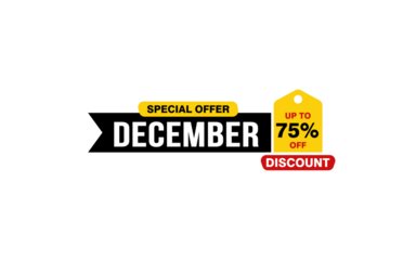 75 Percent december discount offer, clearance, promotion banner layout with sticker style.