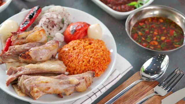 Traditional Turkish meal kebab, Ali nazik, adana kebap, urfa kebap, &ccedil;&ouml;p şiş, patlican kebap, domates kebap, şaşlık, saslik, ciger sis on table top view
