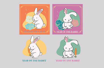 set of cute rabbit year of the rabbit cards purple pink and turquoise background