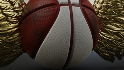 Brown-white basketball with the metallic gold wings under white-brown lighting background. 3D illustration. 3D high quality rendering.