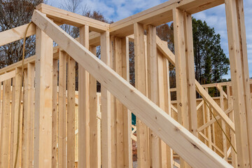 Under construction is beam built house with wooden framework frame