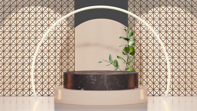 3d rendering natural leaves display blank podium abstract geometric shape scene with black gold stone texture and cream color website media
