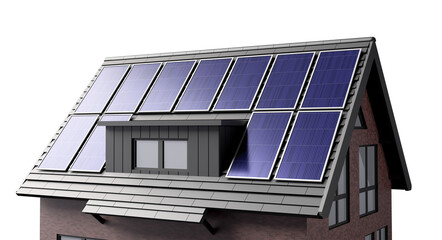 concept of solar panel energy on roof house isolated on white background. photovoltaic solar panel energy on house roof. 3d render illustration. photovoltaic, solar panel, roof house