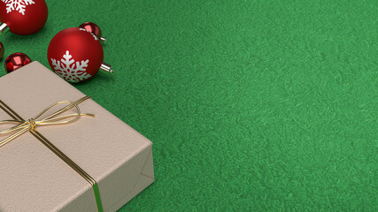 The red Christmas balls and gift box on green background  3d rendering