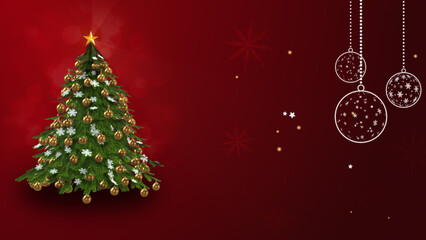 Naklejka na ściany i meble Christmas Tree and baubles with Snowfall on Red Background