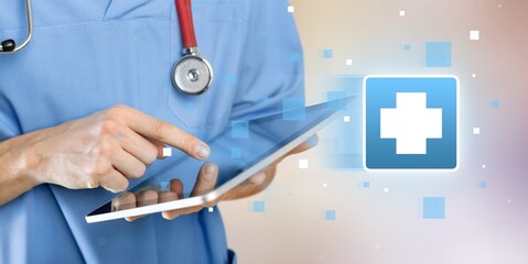 Medical doctor with digital hologram icons.