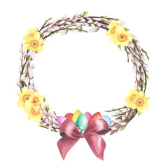 Spring pussy willow wreath watercolor with daffodil, colored eggs, red bow isolated. Hand drawing Easter illustration