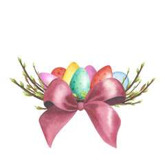 Willow nest watercolor with colored eggs, red bow isolated on white. Hand drawing Easter illustration design