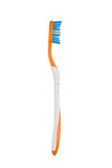 Close up of orange tooth brush isolated on white background