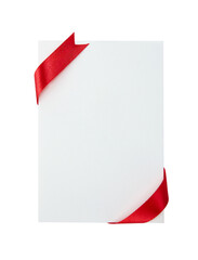 close up of a note card with ribbon bow on white background