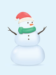 3d cute snowman with Xmas hat. Illustration of the snowman wearing a green muffler and Santa hat