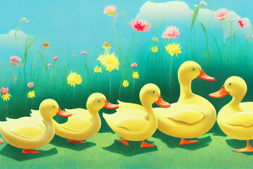 Obraz na płótnie Canvas Children's book illustration, a fun and colorful cartoon painting using generative Ai. Ducks in a row.