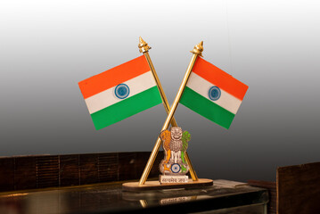 Indian flag on table on isolated grey background
