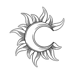 Tarot crescent moon sketch. Spiritual tarot moon or sun eclipse. Vector illustration isolated in white background