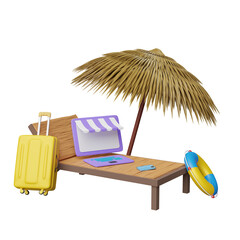 laptop computer monitor with store front, beach chair, palm leaf, umbrella, lifebuoy, suitcase isolated. online shopping summer sale concept, 3d illustration or 3d render