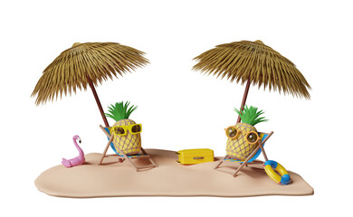 beach chair with umbrella, palm tree, lifebuoy, seaside, pineapple, sunglasses, suitcase, island isolated. summer travel concept, 3d illustration or 3d render
