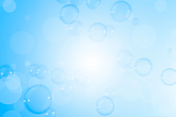 Abstract Beautiful Transparent Blue Soap Bubbles Background. Blurred White Bokeh, Defocus. Circles Bubbles. Freshness Soap Sud Bubbles	