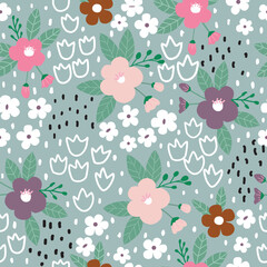 Seamless flower pattern on green background 