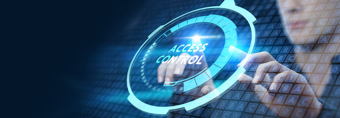 Business, Technology, Internet and network concept. Business man working on the tablet of the future, select on the virtual display: Access control