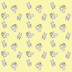 Cute white mouse isolated on yellow. Seamless vector pattern. Children's background. Suitable for invitations, cards, books, wallpapers, baby fabrics, textiles.
