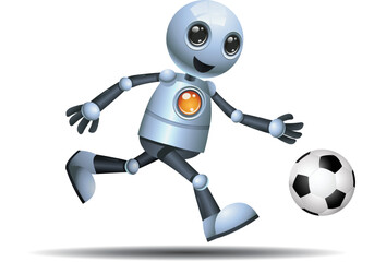 3D illustration of a little robot playing soccer  while running on isolated white background