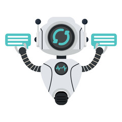 Cute white Ai robot talking speech bubbles