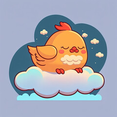 Cute Chicken Sleep on a Cloud. KAWAII Stylish Comic Stamp. Flat Minimalist Design Art. For UI, WEB, Novel, Game, AD, Poster