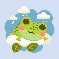 Cute Frog Sleep on a Cloud. KAWAII Stylish Comic Stamp. Flat Minimalist Design Art. For UI, WEB, Novel, Game, AD, Poster