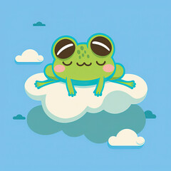 Obraz premium Cute Frog Sleep on a Cloud. KAWAII Stylish Comic Stamp. Flat Minimalist Design Art. For UI, WEB, Novel, Game, AD, Poster
