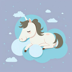 Cute Horse Sleep on a Cloud. KAWAII Stylish Comic Stamp. Flat Minimalist Design Art. For UI, WEB, Novel, Game, AD, Poster