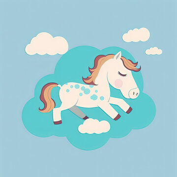 Cute Horse Sleep on a Cloud. KAWAII Stylish Comic Stamp. Flat Minimalist Design Art. For UI, WEB, Novel, Game, AD, Poster