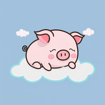 Cute Pig Sleep on a Cloud. KAWAII Stylish Comic Stamp. Flat Minimalist Design Art. For UI, WEB, Novel, Game, AD, Poster