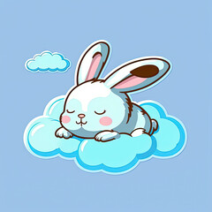 Cute Rabbit Sleep on a Cloud. KAWAII Stylish Comic Stamp. Flat Minimalist Design Art. For UI, WEB, Novel, Game, AD, Poster