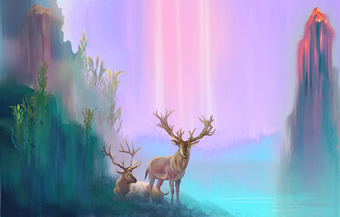 Two deer in the forest, hillside, by the river. illustration style digital paint
