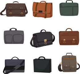 briefcase man, business bag, leather work case, office suitcase cartoon icons set vector illustrations
