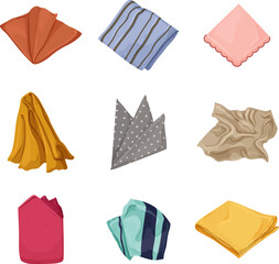 handkerchief towel, fabric napkin, kitchen cloth, clean foldedblanket cartoon icons set vector illustrations - obrazy, fototapety, plakaty