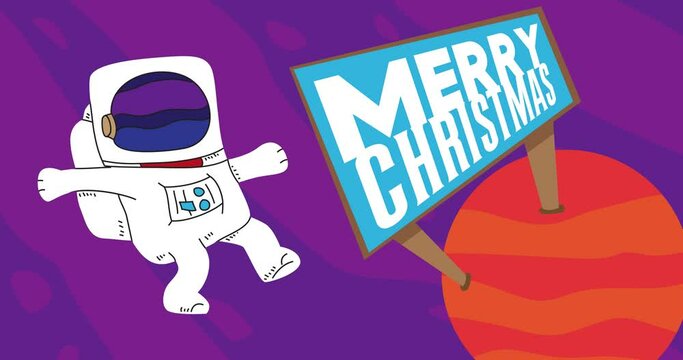 Astronaut adrift near a Red Planet with Merry Christmas Billboard. Abstract cartoon animation. 4k HD Format resolution video.
